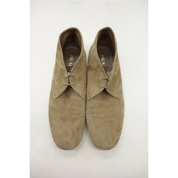 Prada Logo Beige Leather Lace Up Ankle Boots Shoes Women's 37 / 7 - Picture 2 of 12